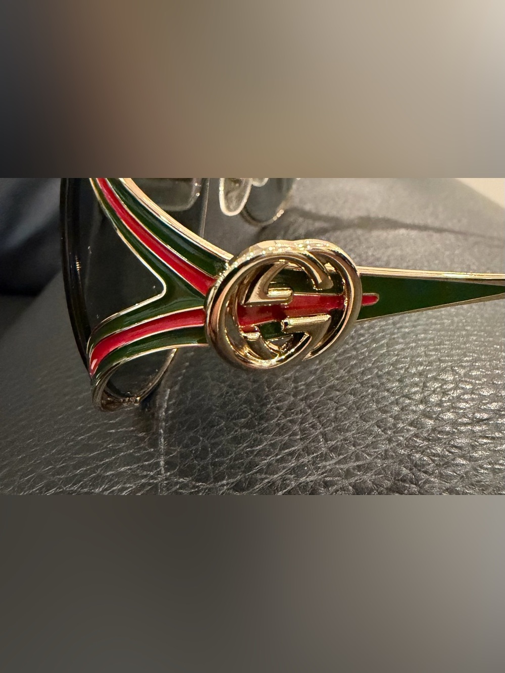 Gucci Gold Frame Sunglasses with Gray Lenses and Green-Red Temple Accents - Picture 5 of 7